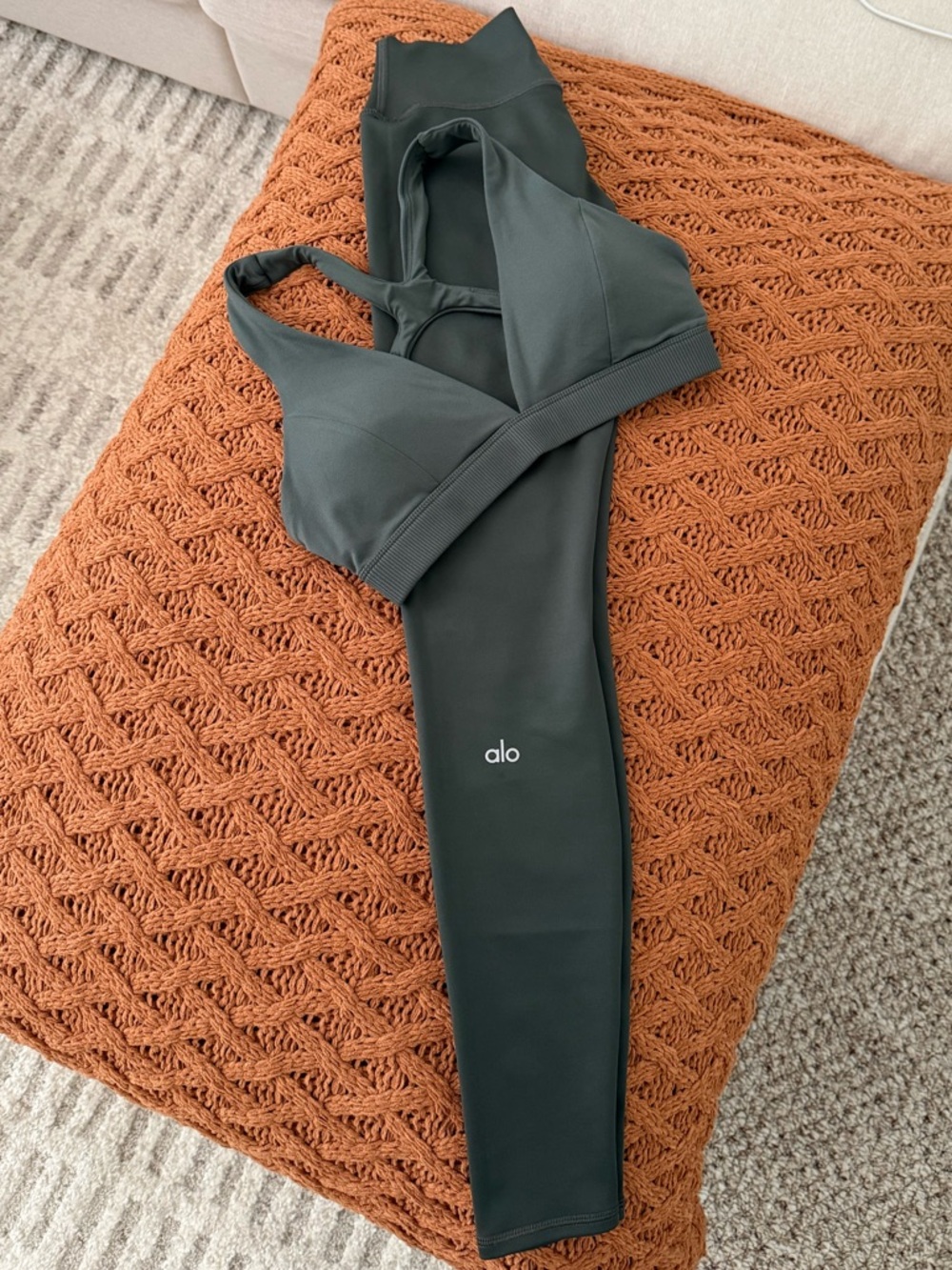 ALO Yoga Olive Green Sports Bra and leggings